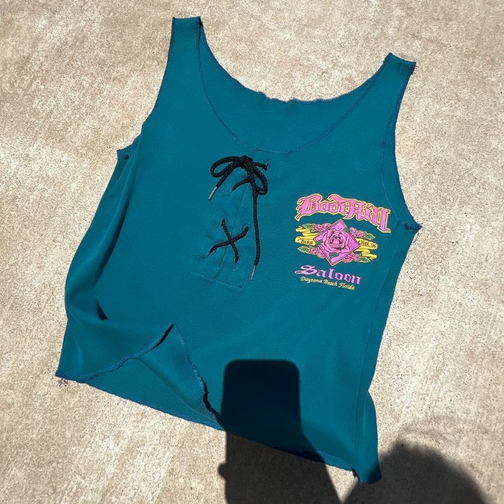 Teal Graphic Tank Top with Lace-Up Detail